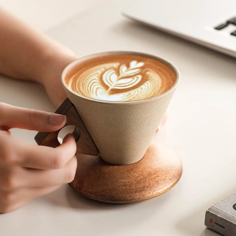 Conical Ceramic Mug with Carved Wooden Saucer for Artisanal Barista-Style Specialty Coffee