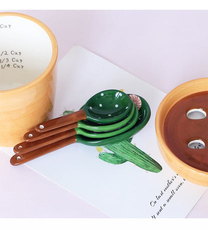 Set d'Ustensiles de Mesure en Céramique Forme Cactus avec Pot de Rangement Peint à la Main pour Cuisine et Pâtisserie