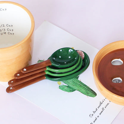 Set d'Ustensiles de Mesure en Céramique Forme Cactus avec Pot de Rangement Peint à la Main pour Cuisine et Pâtisserie