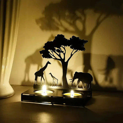 Photophore Décoratif en Métal Noir Découpé Motif Savane Africaine avec Effet Ombrage Chinois pour Bougie