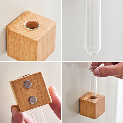 Mini Vase Mural Aimanté en Bois Massif avec Tube en Verre pour Réfrigérateur Tableau Magnétique et Propagation de Boutures