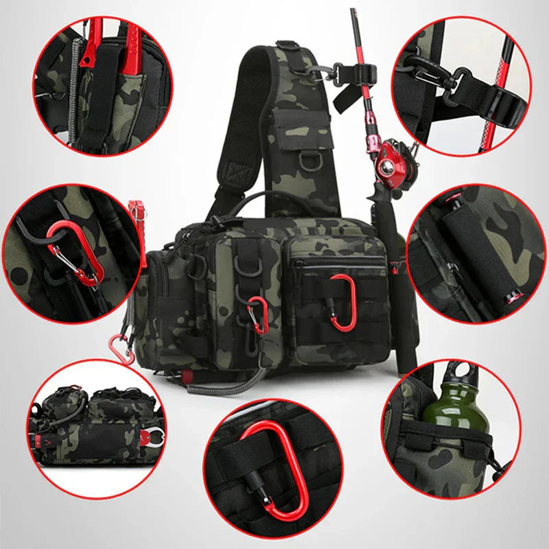 Sac à Bandoulière Tactique de Pêche avec Porte-Canne Intégré et Compartiments Multiples Imprimé Camouflage