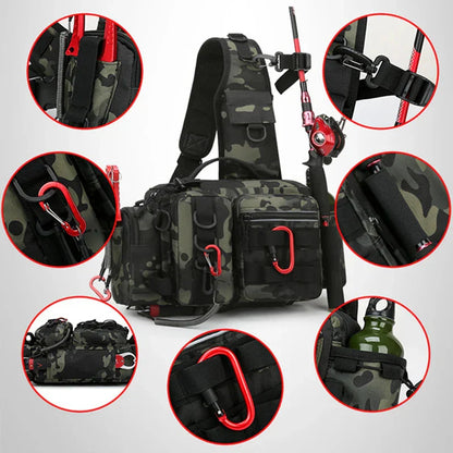 Sac à Bandoulière Tactique de Pêche avec Porte-Canne Intégré et Compartiments Multiples Imprimé Camouflage