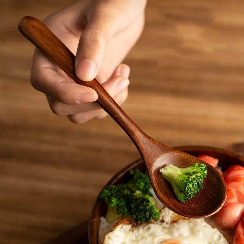 Set of 4 Polished Natural Wooden Long Handle Spoons for Kitchen Jam Jars Serving and Display