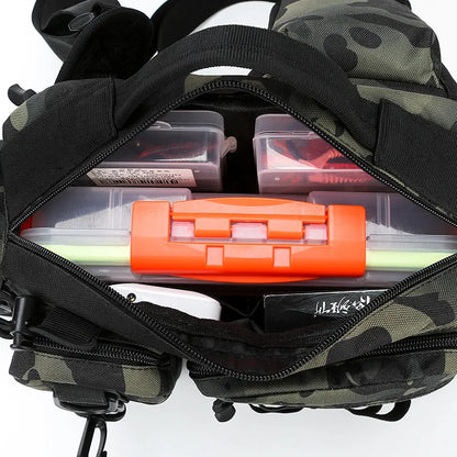 Sac à Bandoulière Tactique de Pêche avec Porte-Canne Intégré et Compartiments Multiples Imprimé Camouflage