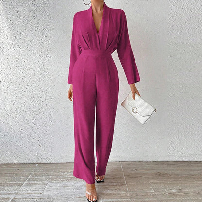 Combinaison Femme - Décolleté en V Profond - Manches Longues - Taille Cintrée - Pantalon Large Élégant - Aurelles