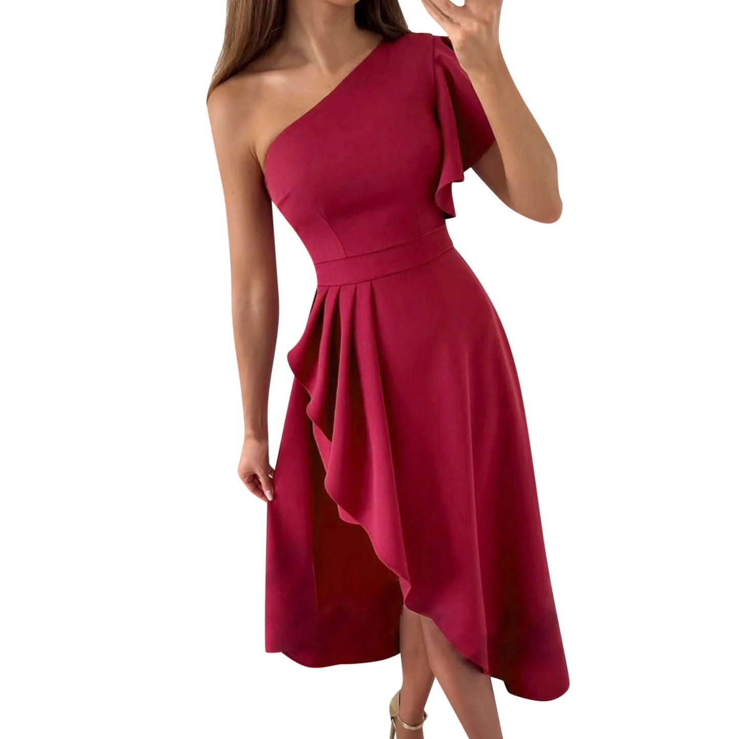 Women's One-Shoulder Midi Dress – Asymmetrical High-Low Hem – Elegant Formal Wear