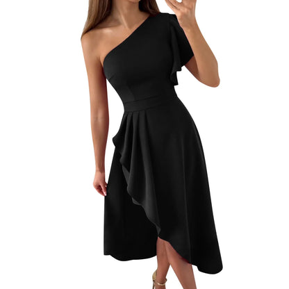 Women's One-Shoulder Midi Dress – Asymmetrical High-Low Hem – Elegant Formal Wear