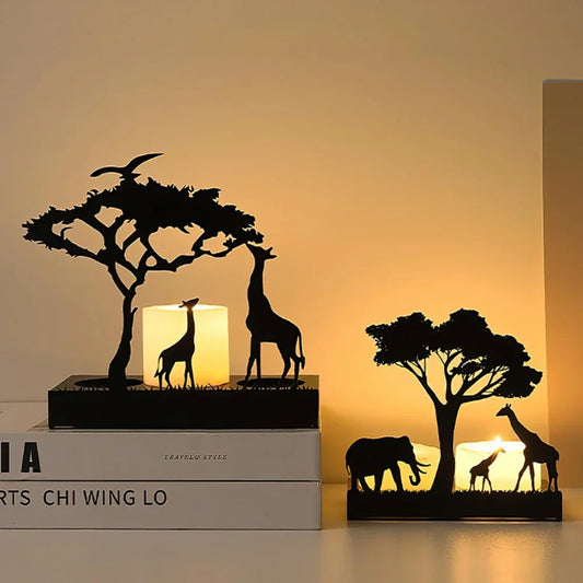 Photophore Décoratif en Métal Noir Découpé Motif Savane Africaine avec Effet Ombrage Chinois pour Bougie