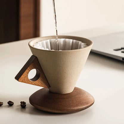Conical Ceramic Mug with Carved Wooden Saucer for Artisanal Barista-Style Specialty Coffee