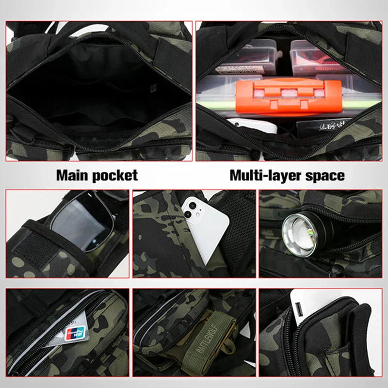 Sac à Bandoulière Tactique de Pêche avec Porte-Canne Intégré et Compartiments Multiples Imprimé Camouflage