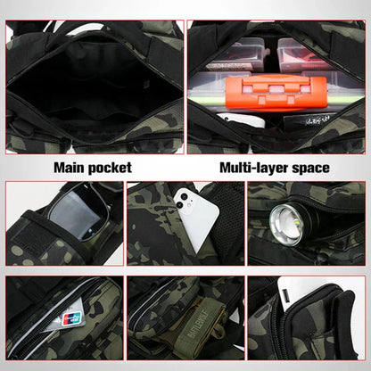 Sac à Bandoulière Tactique de Pêche avec Porte-Canne Intégré et Compartiments Multiples Imprimé Camouflage
