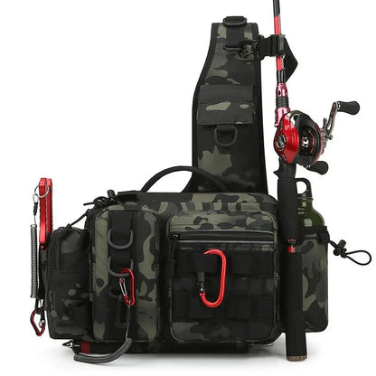 Sac à Bandoulière Tactique de Pêche avec Porte-Canne Intégré et Compartiments Multiples Imprimé Camouflage