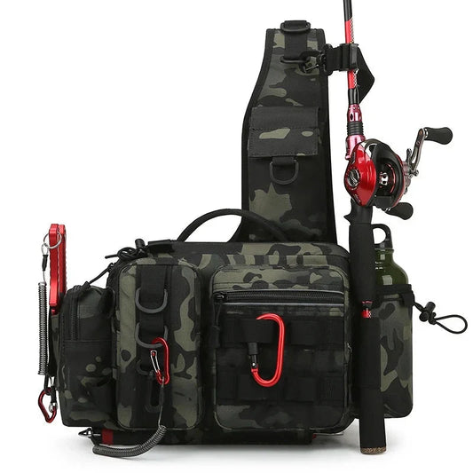 Sac à Bandoulière Tactique de Pêche avec Porte-Canne Intégré et Compartiments Multiples Imprimé Camouflage