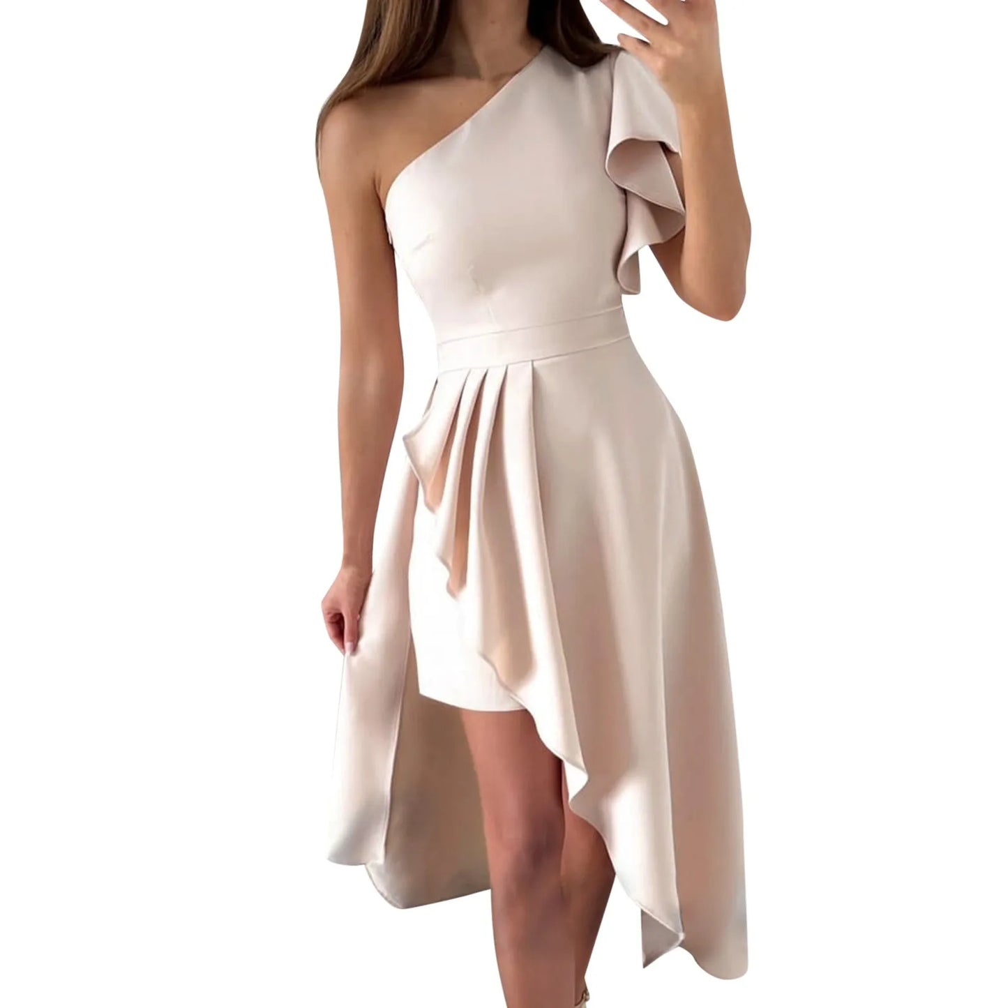 Women's One-Shoulder Midi Dress – Asymmetrical High-Low Hem – Elegant Formal Wear