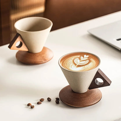 Conical Ceramic Mug with Carved Wooden Saucer for Artisanal Barista-Style Specialty Coffee