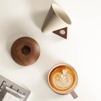 Conical Ceramic Mug with Carved Wooden Saucer for Artisanal Barista-Style Specialty Coffee