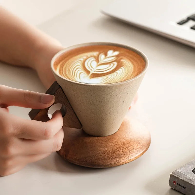 Conical Ceramic Mug with Carved Wooden Saucer for Artisanal Barista-Style Specialty Coffee