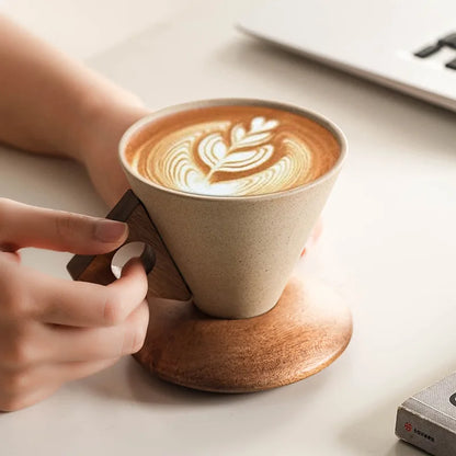 Conical Ceramic Mug with Carved Wooden Saucer for Artisanal Barista-Style Specialty Coffee