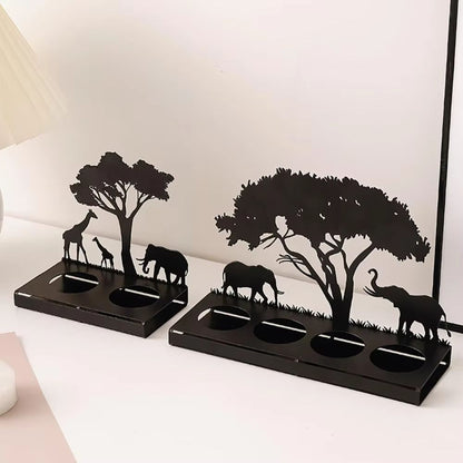 Photophore Décoratif en Métal Noir Découpé Motif Savane Africaine avec Effet Ombrage Chinois pour Bougie