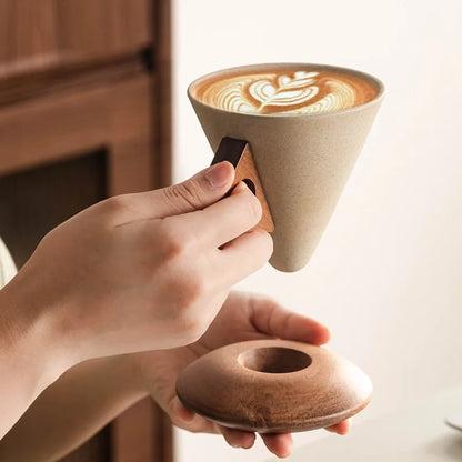 Conical Ceramic Mug with Carved Wooden Saucer for Artisanal Barista-Style Specialty Coffee