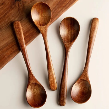 Set of 4 Polished Natural Wooden Long Handle Spoons for Kitchen Jam Jars Serving and Display