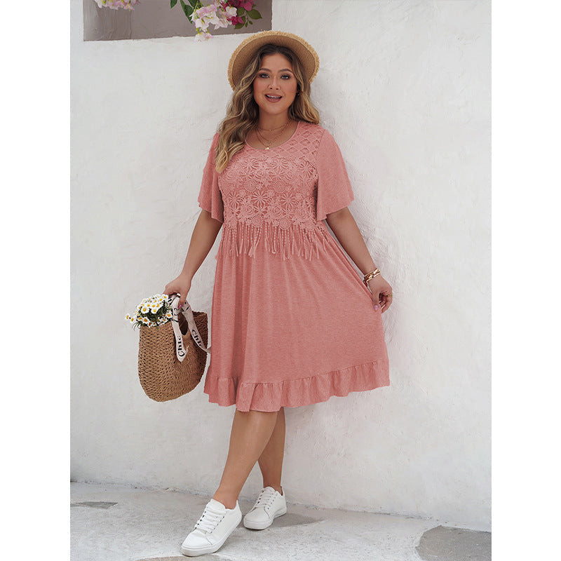 Robe A-Line Femme - Broderie en Dentelle - Manches Courtes Volantes - Tenue Décontractée - Aurelles