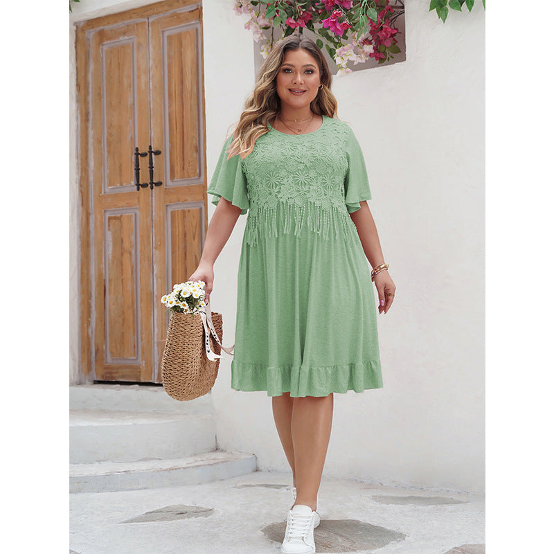 Robe A-Line Femme - Broderie en Dentelle - Manches Courtes Volantes - Tenue Décontractée - Aurelles