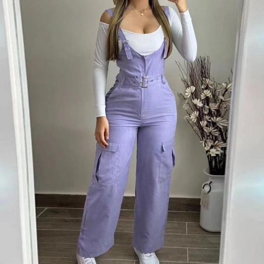 Combinaison Cargo Femme - Jambe Large - Bretelles Ajustables - Taille Ceinturée - Multiples Poches - Aurelles