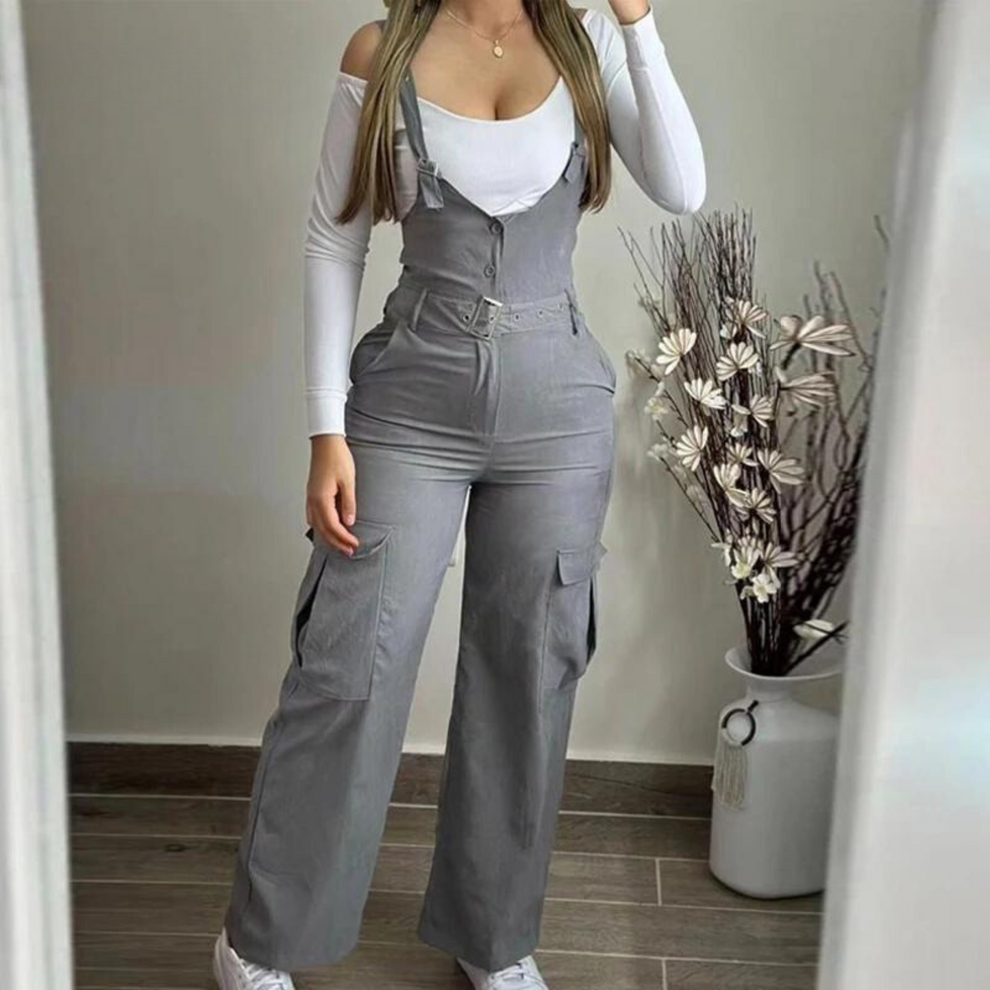 Combinaison Cargo Femme - Jambe Large - Bretelles Ajustables - Taille Ceinturée - Multiples Poches - Aurelles