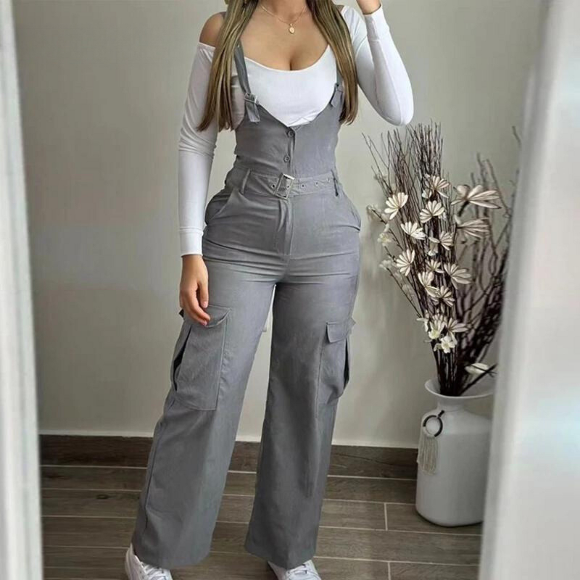 Combinaison Cargo Femme - Jambe Large - Bretelles Ajustables - Taille Ceinturée - Multiples Poches - Aurelles