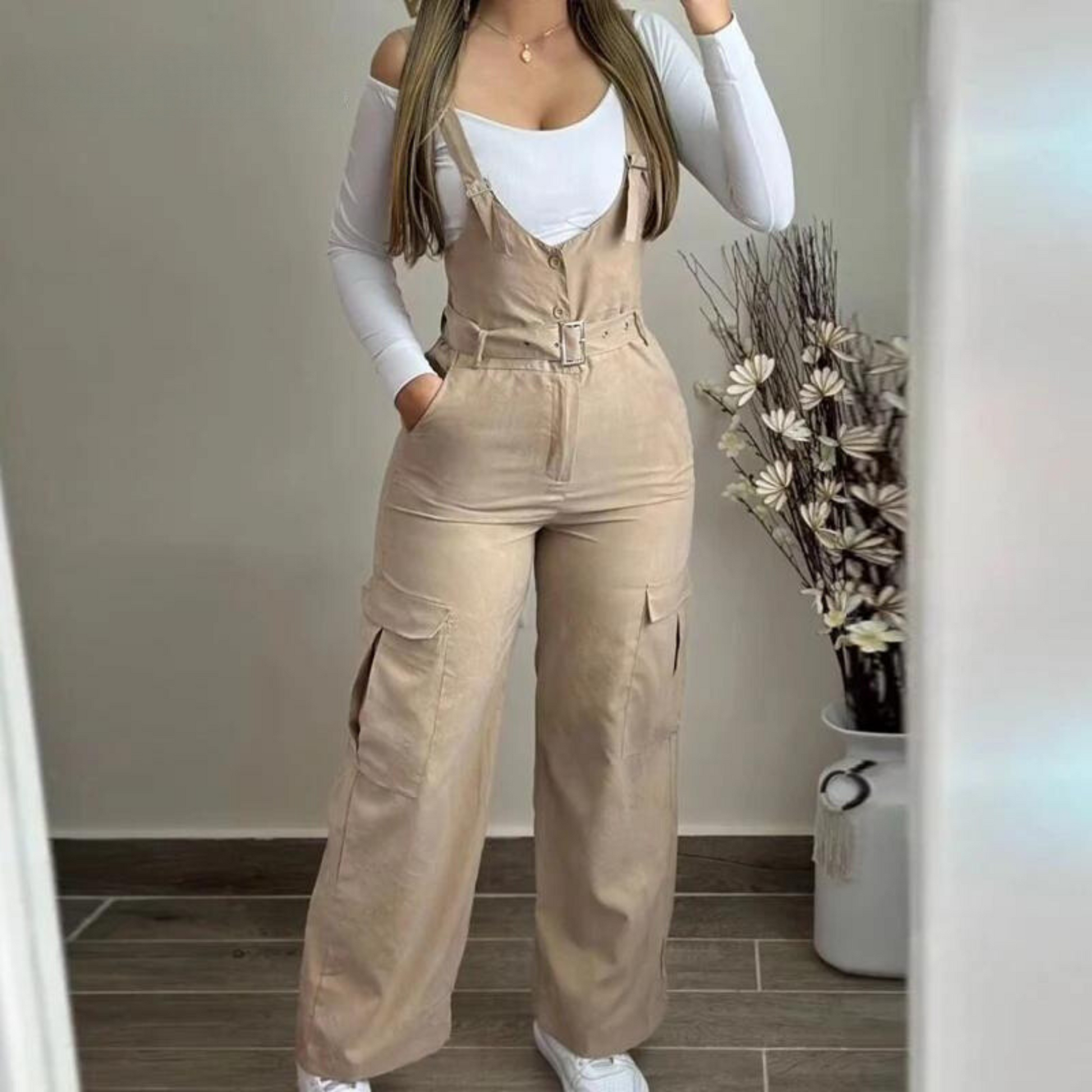 Combinaison Cargo Femme - Jambe Large - Bretelles Ajustables - Taille Ceinturée - Multiples Poches - Aurelles