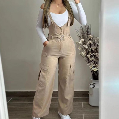 Combinaison Cargo Femme - Jambe Large - Bretelles Ajustables - Taille Ceinturée - Multiples Poches - Aurelles