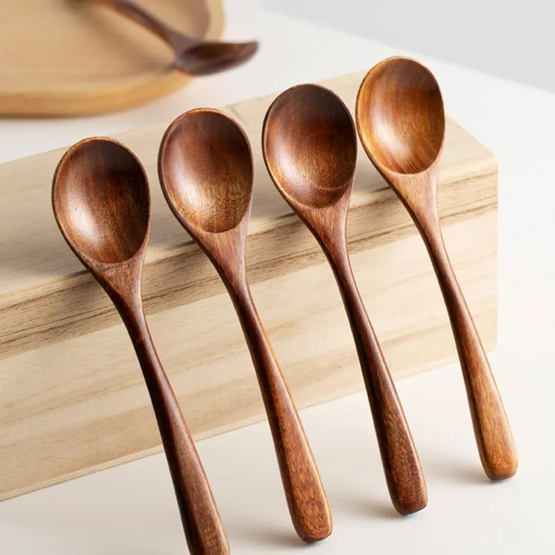 Set of 4 Polished Natural Wooden Long Handle Spoons for Kitchen Jam Jars Serving and Display