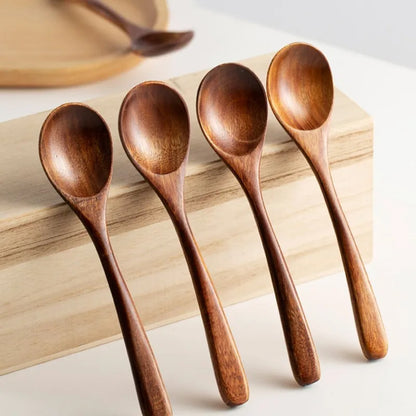 Set of 4 Polished Natural Wooden Long Handle Spoons for Kitchen Jam Jars Serving and Display