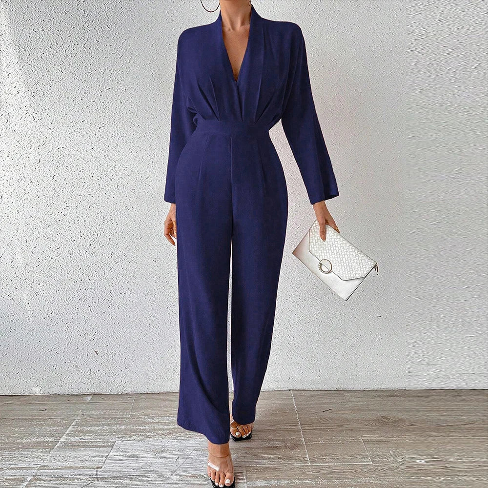 Combinaison Femme - Décolleté en V Profond - Manches Longues - Taille Cintrée - Pantalon Large Élégant - Aurelles