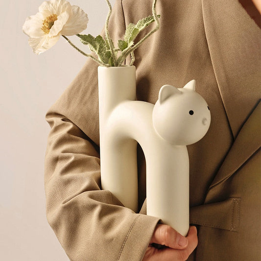 Decorative Ceramic Arched Cat Vase, Soliflore Tube, Matte Finish for Living Room and Shelf Decoration