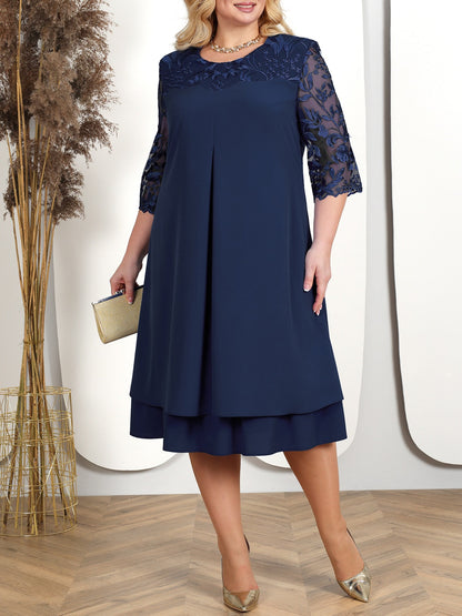 Robe A-Line Femme - Longueur Genou - Manches Mi-Transparentes Brodées - Jupe Superposée - Aurelles