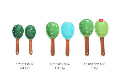 Set d'Ustensiles de Mesure en Céramique Forme Cactus avec Pot de Rangement Peint à la Main pour Cuisine et Pâtisserie