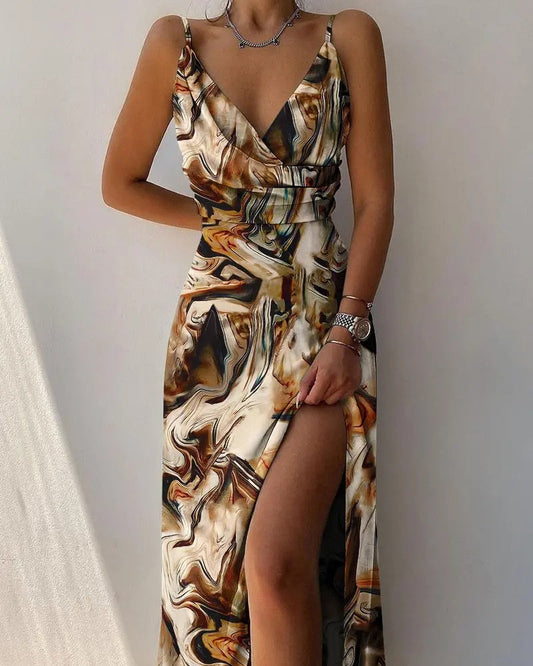 Women's Wrap Dress – Satin Finish – Deep V-Neck – Fitted Waist – High Slit