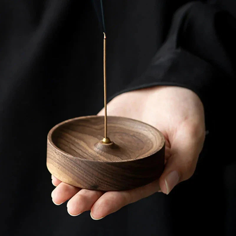 Porte-Encens en Bois Massif avec Support Métallique Doré Coupelle Récupératrice de Cendres pour Bâton d'Encens
