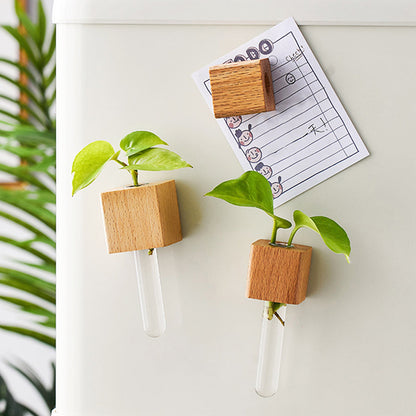 Mini Vase Mural Aimanté en Bois Massif avec Tube en Verre pour Réfrigérateur Tableau Magnétique et Propagation de Boutures
