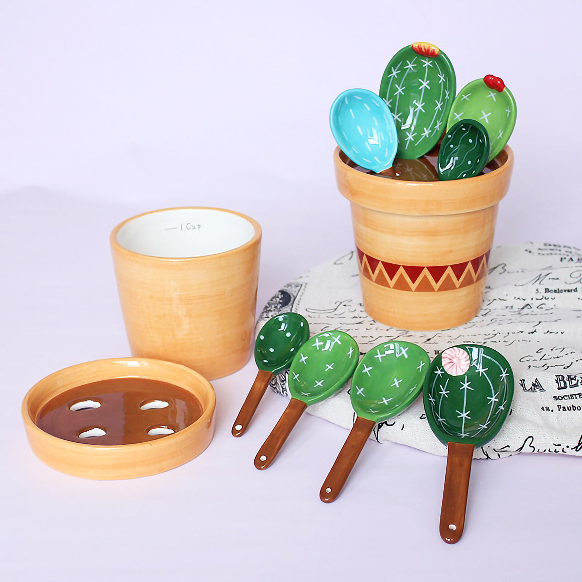 Set d'Ustensiles de Mesure en Céramique Forme Cactus avec Pot de Rangement Peint à la Main pour Cuisine et Pâtisserie