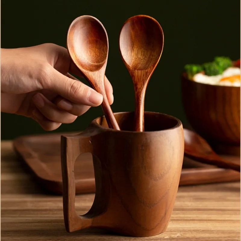 Set of 4 Polished Natural Wooden Long Handle Spoons for Kitchen Jam Jars Serving and Display