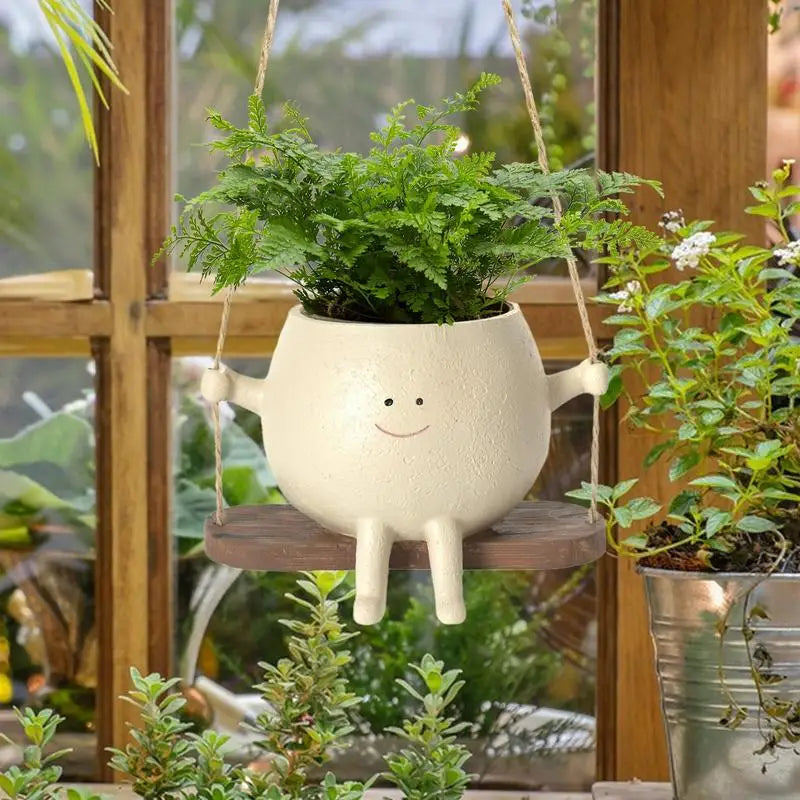 Pot de Fleurs Suspendu en Résine à Visage Souriant sur Balançoire pour Plantes Succulentes et Cactus