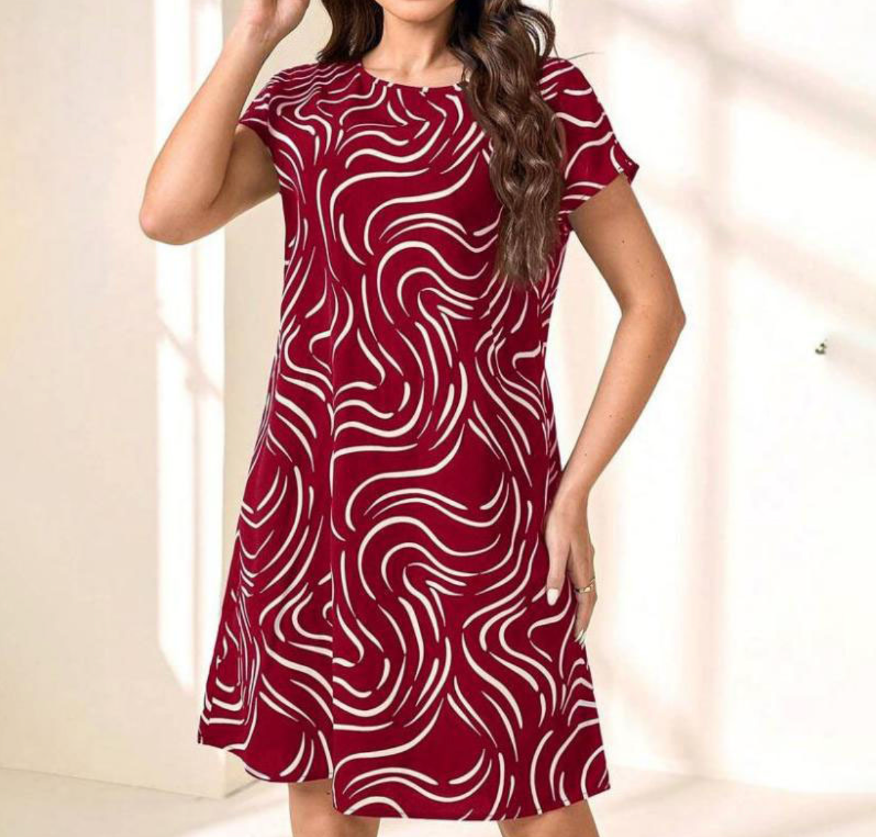 Robe A-Ligne Femme - Col Rond - Manches Courtes - Imprimé Abstrait - Léger - Aurelles