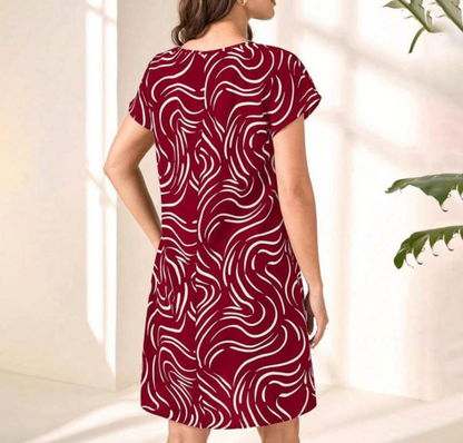 Robe A-Ligne Femme - Col Rond - Manches Courtes - Imprimé Abstrait - Léger - Aurelles