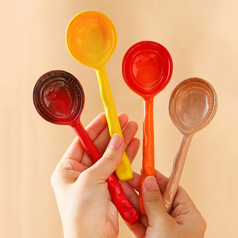 Set de Cuillères en Céramique Émaillée Multicolores avec Manche Ondulé pour Café Dessert et Confiture
