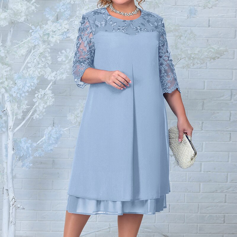 Robe A-Line Femme - Longueur Genou - Manches Mi-Transparentes Brodées - Jupe Superposée - Aurelles
