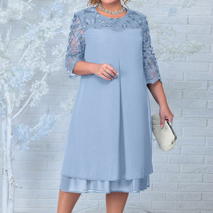 Robe A-Line Femme - Longueur Genou - Manches Mi-Transparentes Brodées - Jupe Superposée - Aurelles